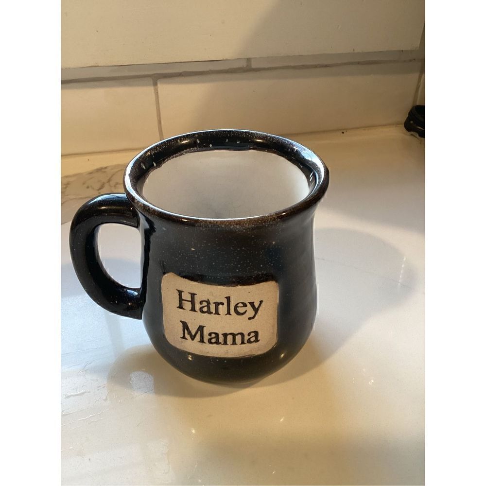 Harley Mama Stoneware Pottery Coffee Mug Cup Black Speckled